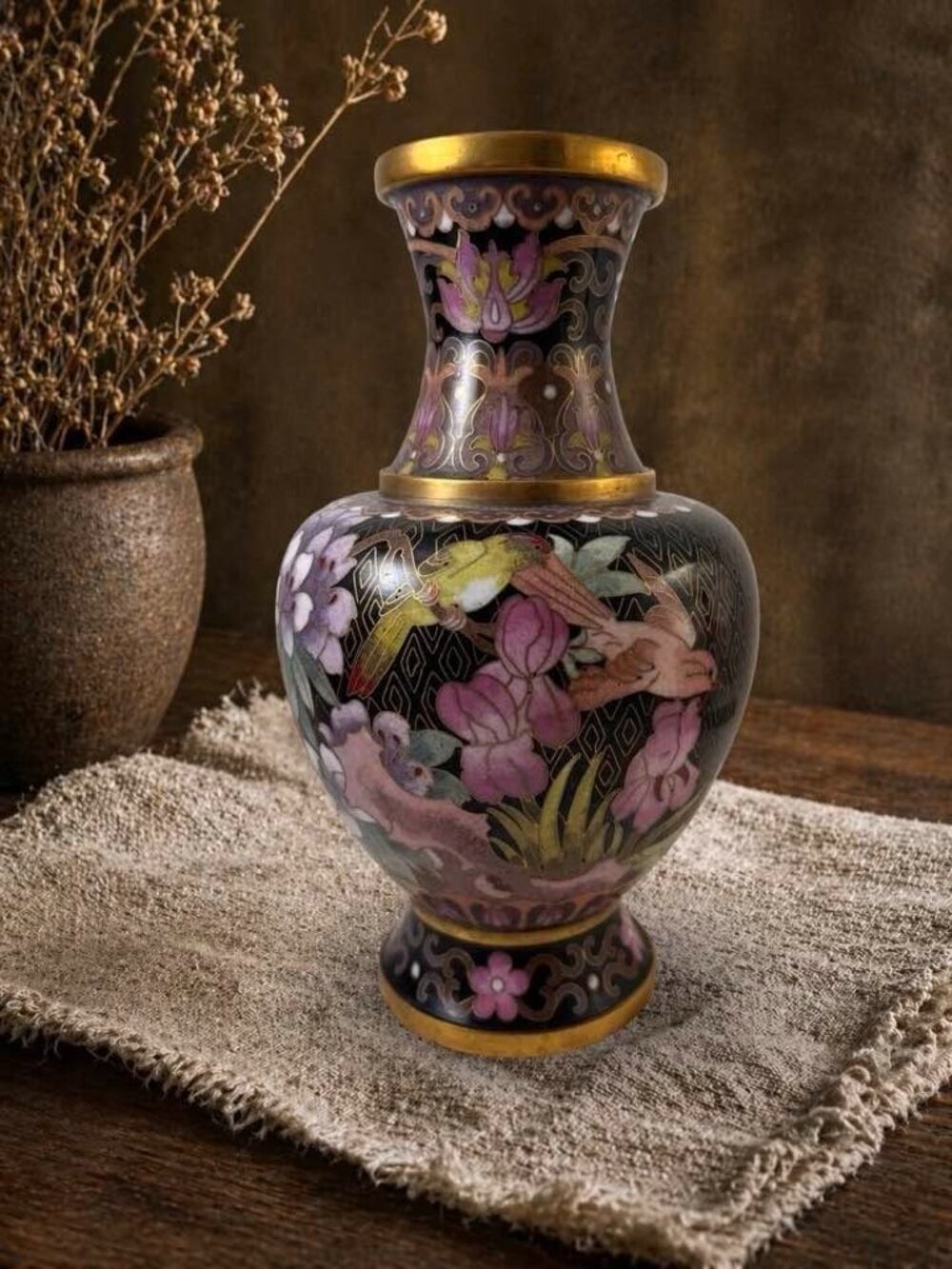 Vintage Chinese Cloisonné Vase Black Pink Peony Birds Enamel Brass 8 Inch Asian